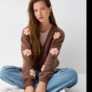 NWOT Dreamers brown knit 3d floral crop cardigan - oversized